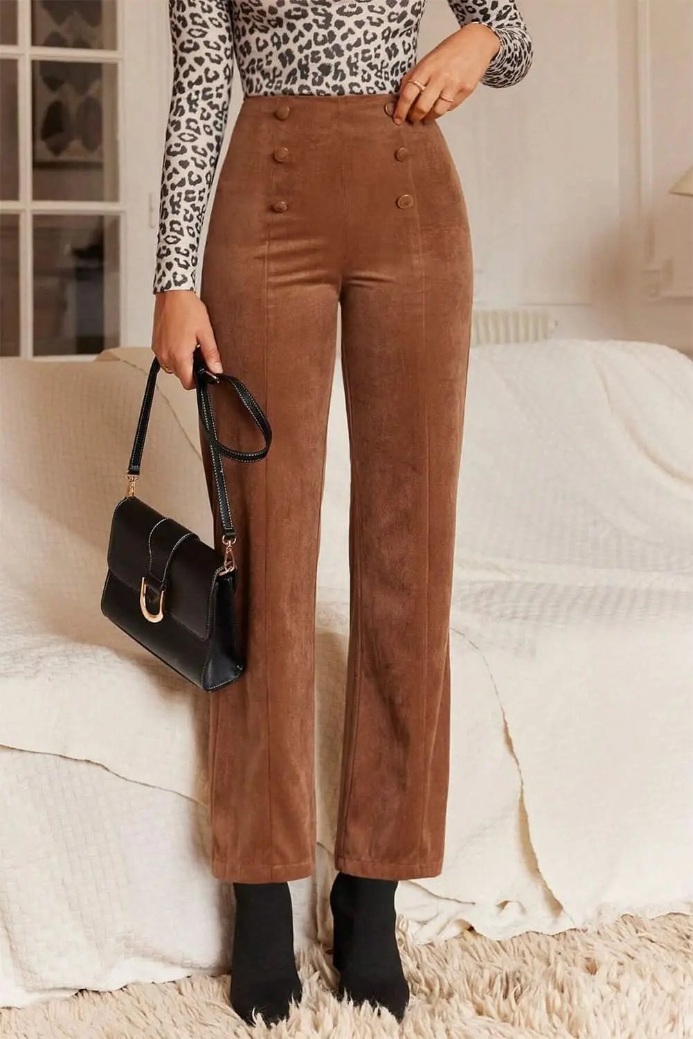 Chestnut Solid Color Double Breasted Straight Leg Pants - Love Salve